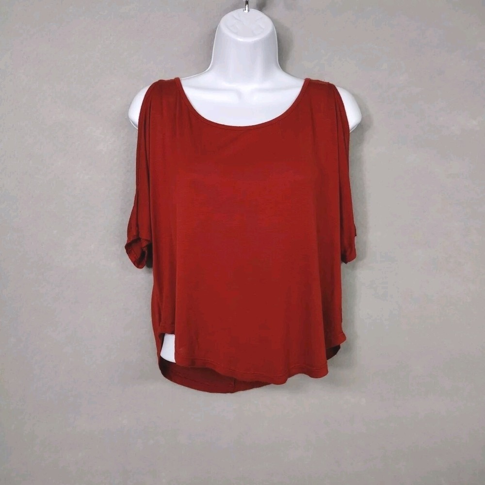 Body Central Womens M Crop Top Red Y2K Cold Shoulder Asymmetrical Flowy Blouse